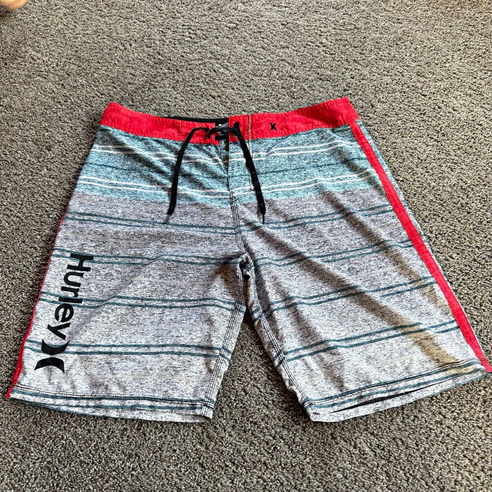 Hurley Phantom Men's Board Shorts Size 36 Gray Red Striped Swim Trunks Surf